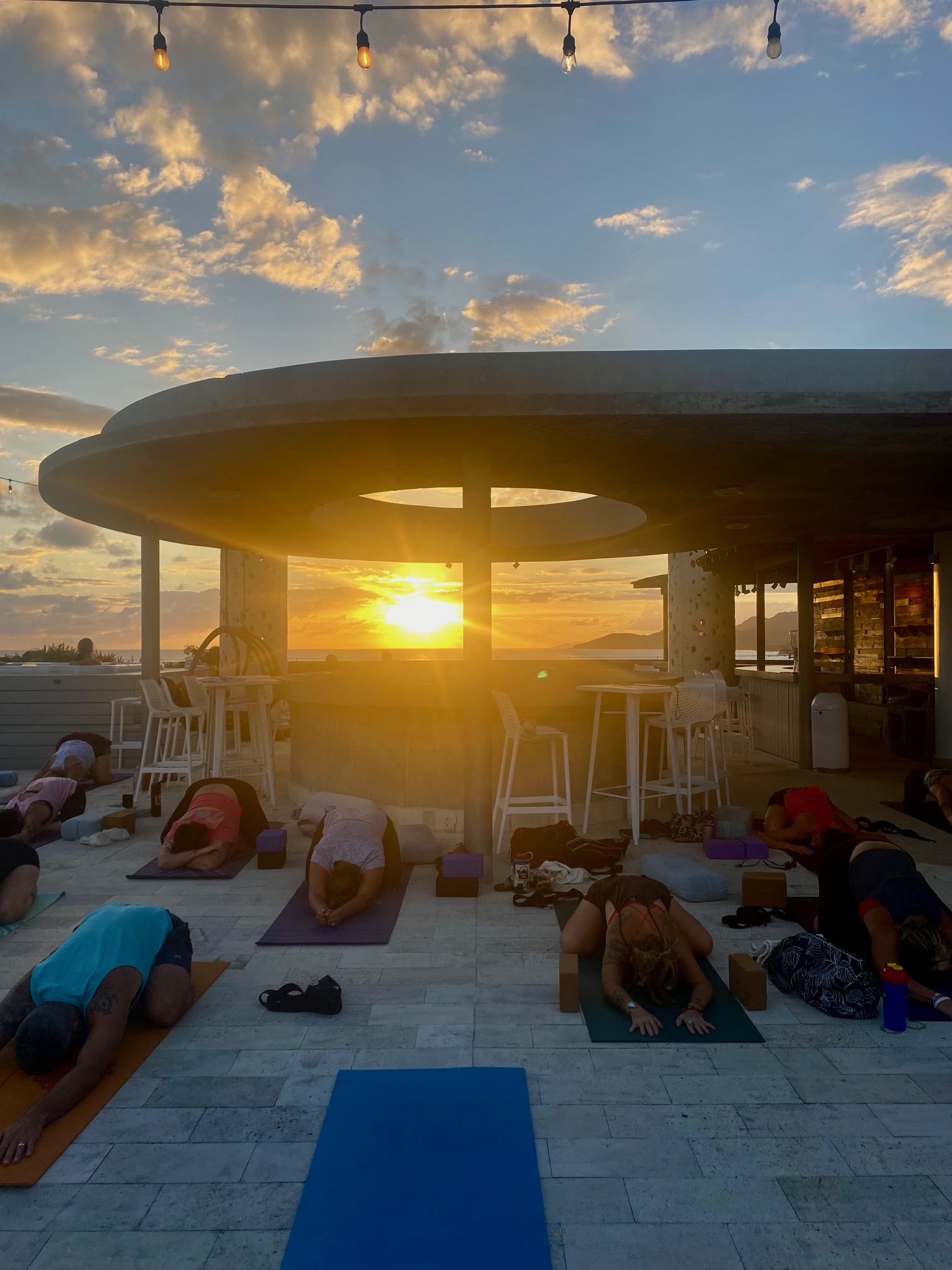 sunset yoga class at el blok hotel in vieques
