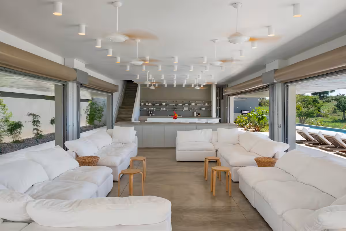 living room and indoor yoga space